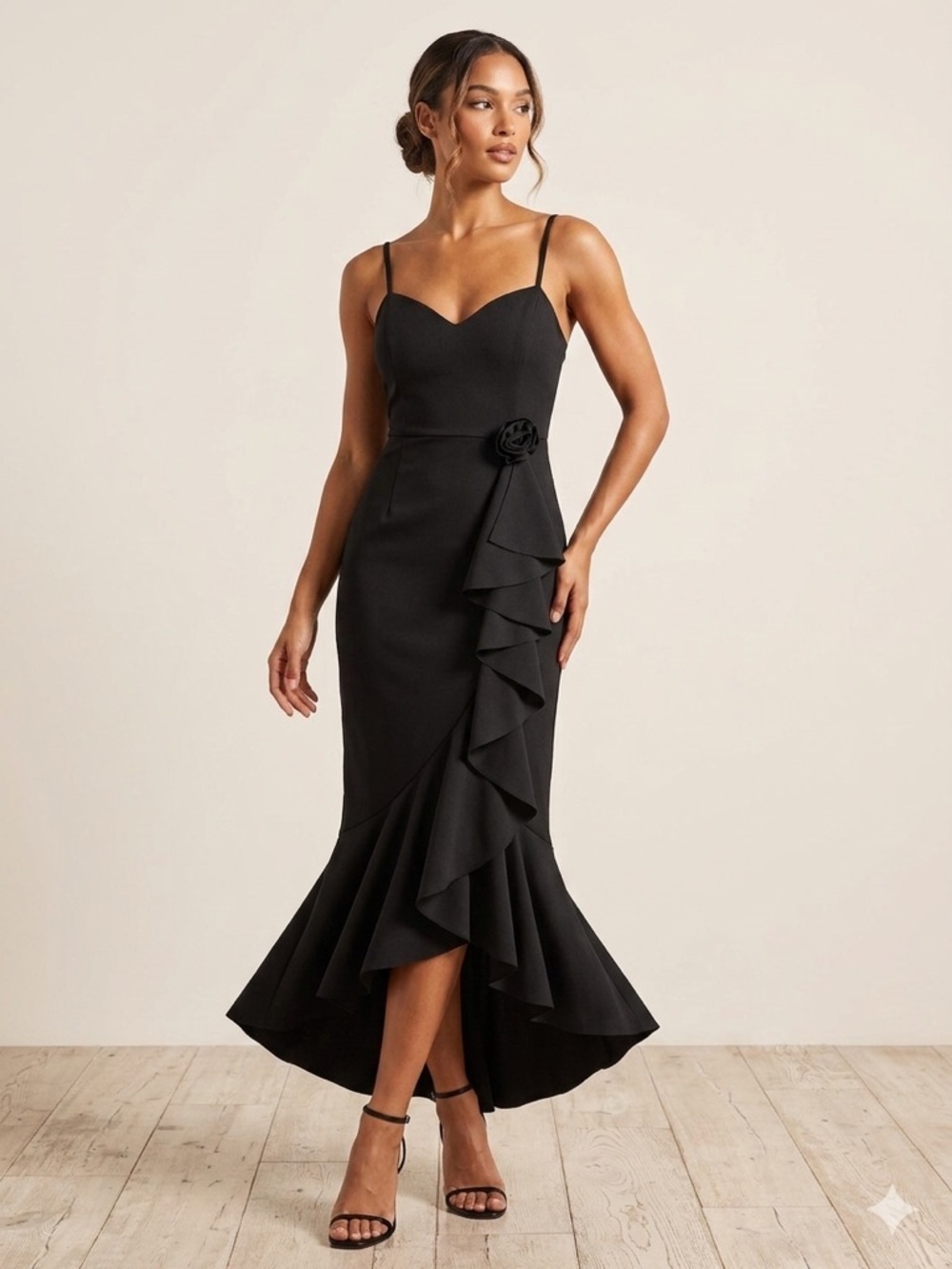 Alexa B Nites Black High-Low Ruffle Evening Dress with Floral Accent size 6